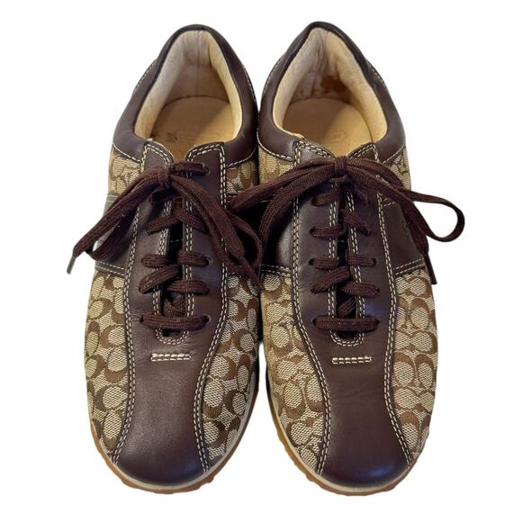 COACH Noella Signature Logo Brown Canvas Leather Tennis Shoes Size 6.5M MINT - Picture 3 of 9